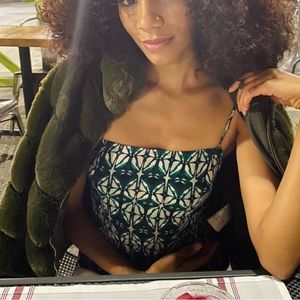 Oh Polly - Soft Blush Faux Fur Green Bomber Jacket